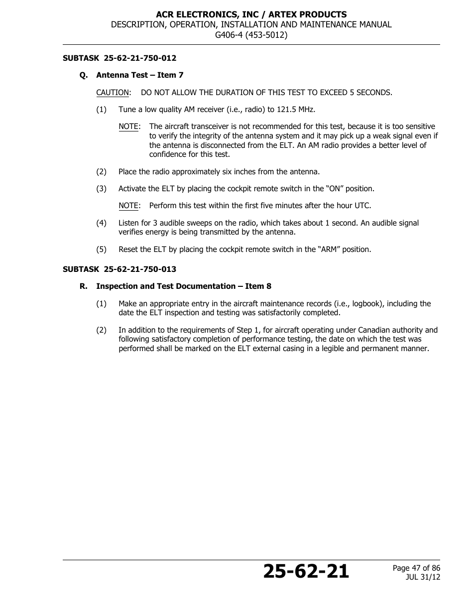 Q. antenna test – item 7, R. inspection and test documentation – item 8 | ACR&Artex G406-4 ELT User Manual | Page 47 / 86