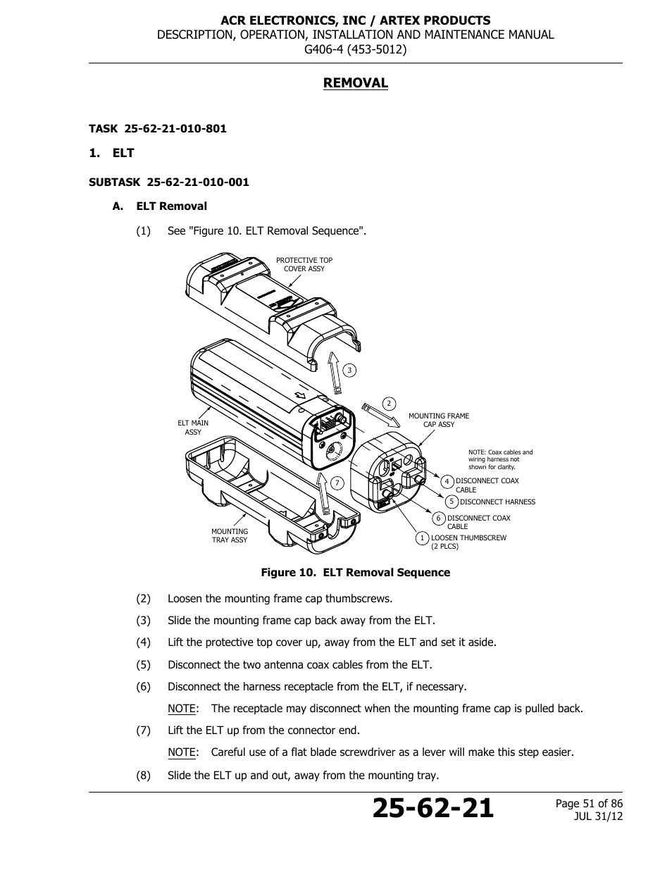 Removal, A. elt removal, Figure 10. elt removal sequence | ACR&Artex G406-4 ELT User Manual | Page 51 / 86