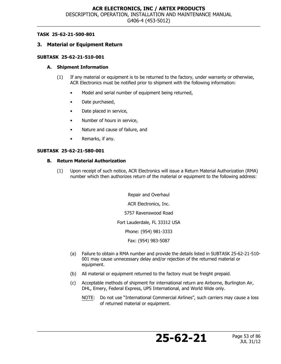 Material or equipment return, A. shipment information, B. return material authorization | ACR&Artex G406-4 ELT User Manual | Page 53 / 86