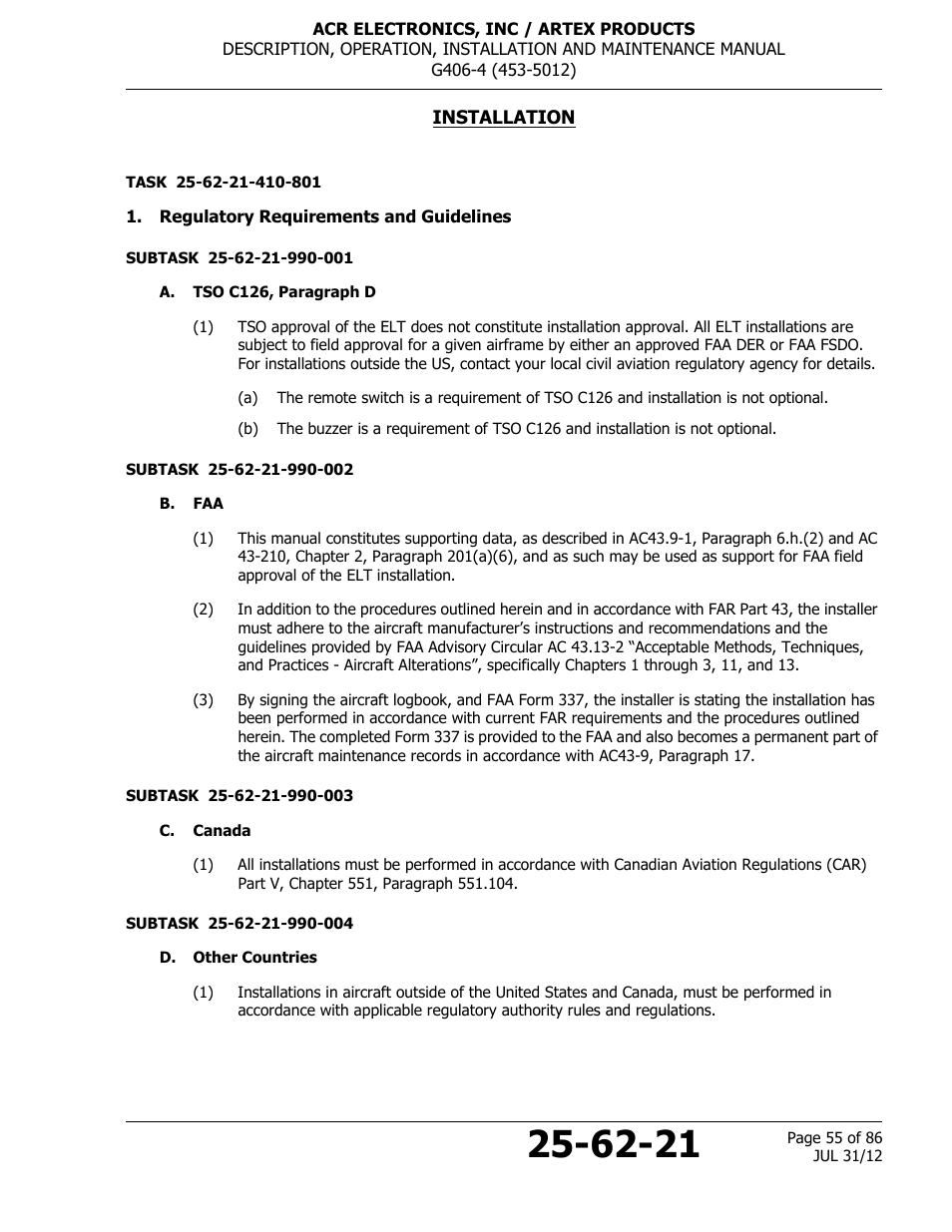 Installation, Regulatory requirements and guidelines, A. tso c126, paragraph d | B. faa, C. canada, D. other countries | ACR&Artex G406-4 ELT User Manual | Page 55 / 86