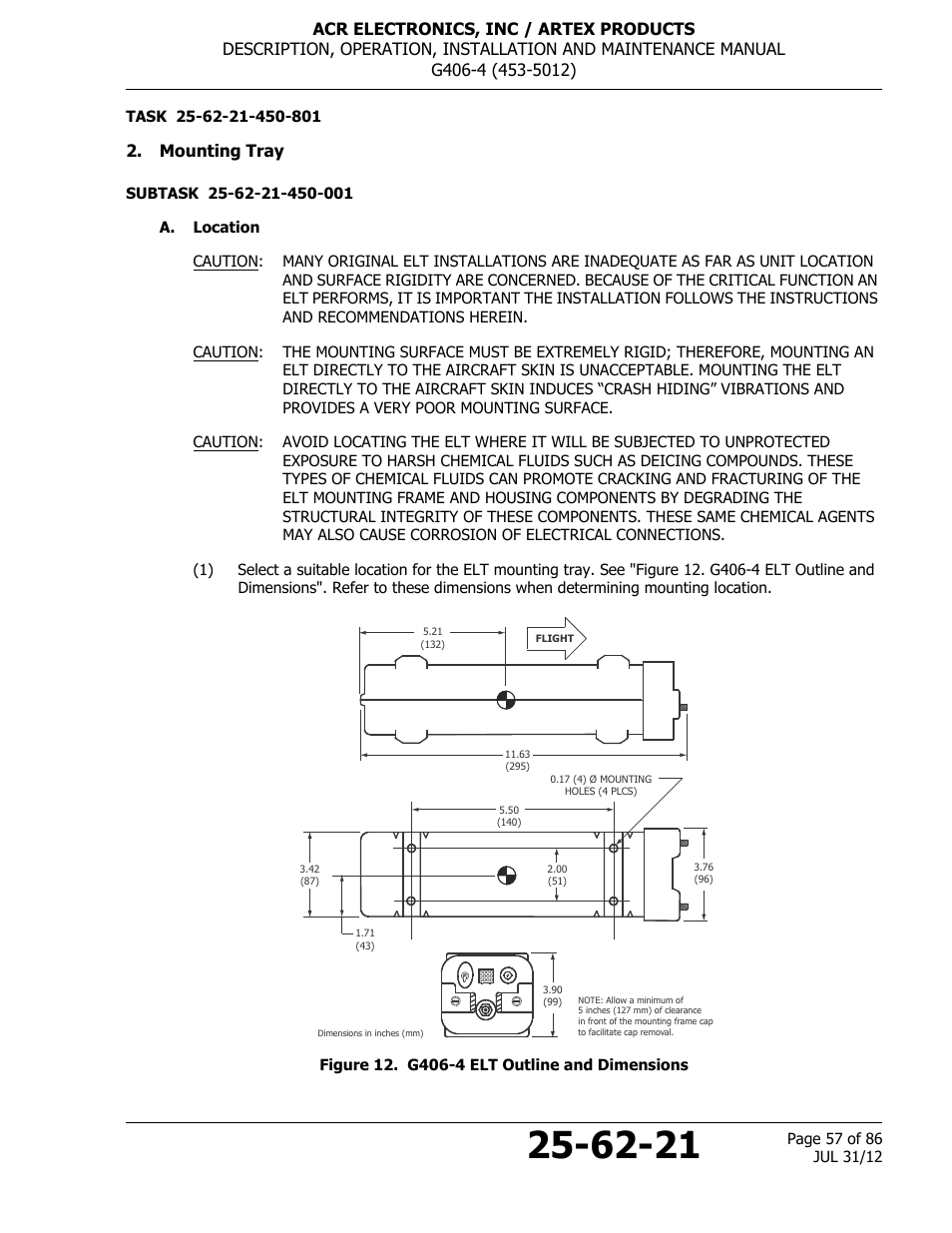 Mounting tray, A. location, Figure 12. g406-4 elt outline and dimensions | ACR&Artex G406-4 ELT User Manual | Page 57 / 86