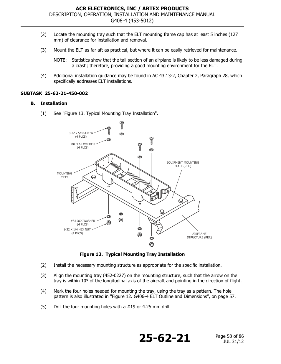 B. installation, Figure 13. typical mounting tray installation | ACR&Artex G406-4 ELT User Manual | Page 58 / 86