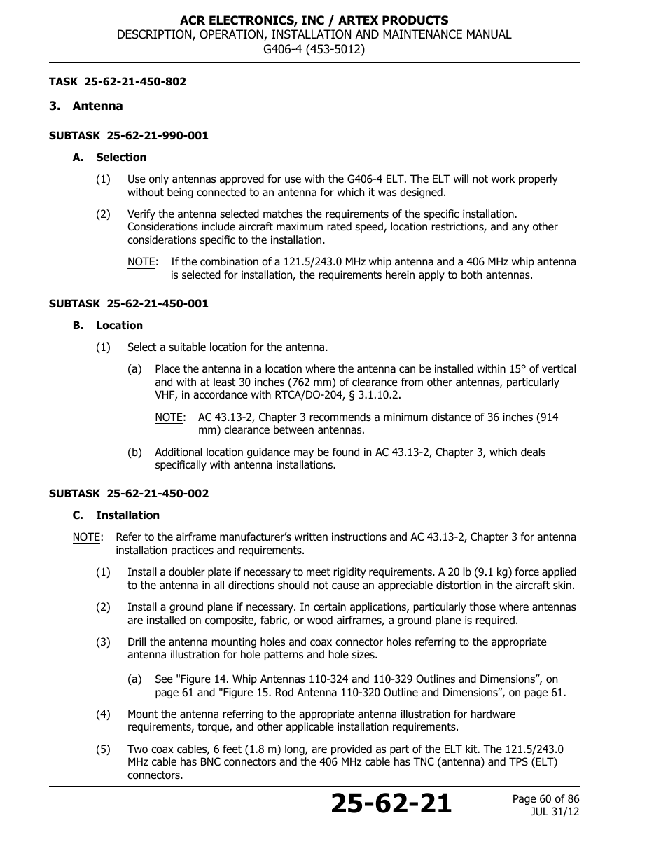 Antenna, A. selection, B. location | C. installation | ACR&Artex G406-4 ELT User Manual | Page 60 / 86