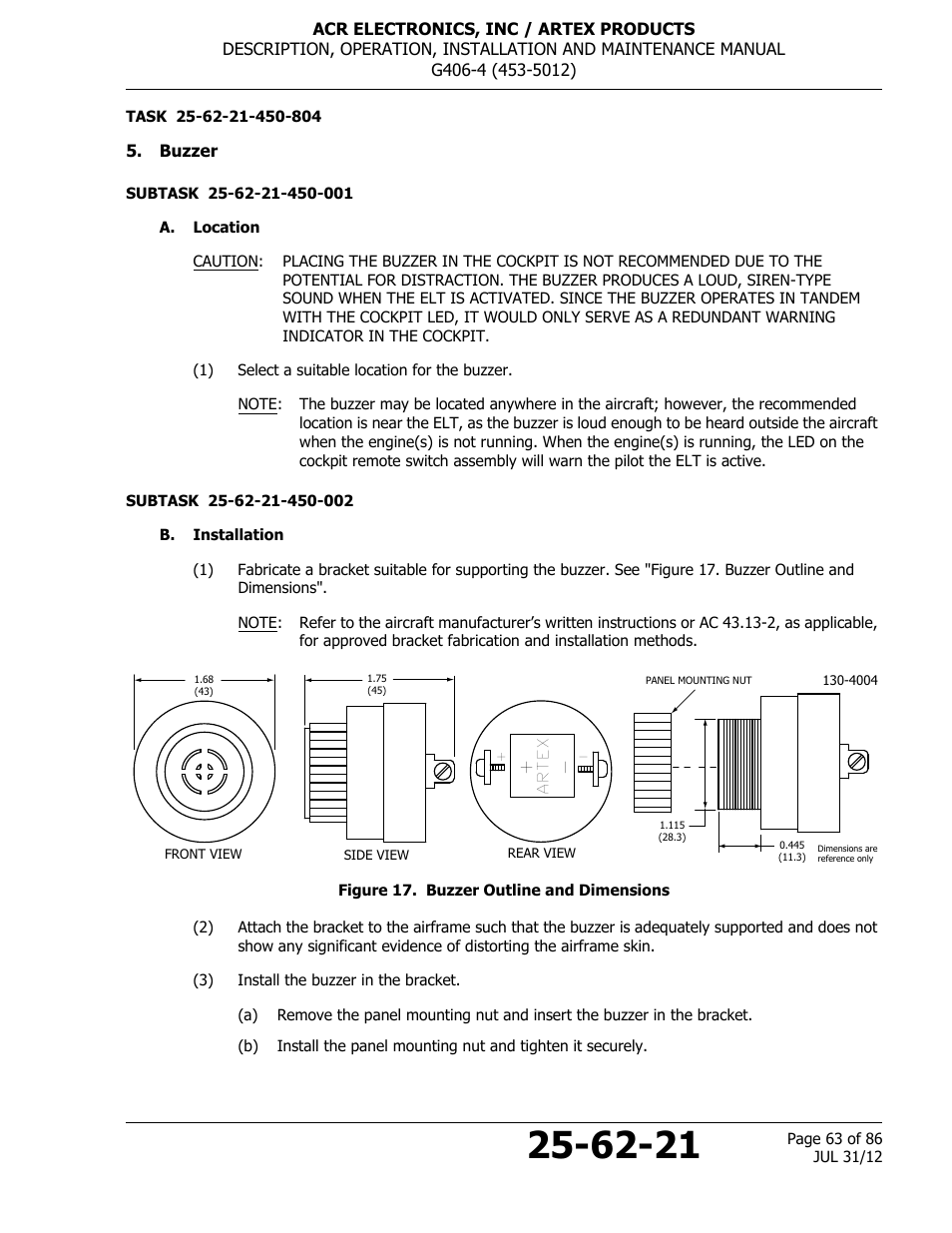 Buzzer, A. location, B. installation | Figure 17. buzzer outline and dimensions | ACR&Artex G406-4 ELT User Manual | Page 63 / 86