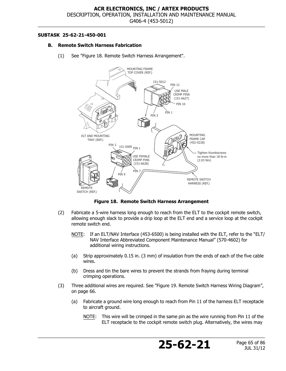 B. remote switch harness fabrication, Figure 18. remote switch harness arrangement | ACR&Artex G406-4 ELT User Manual | Page 65 / 86