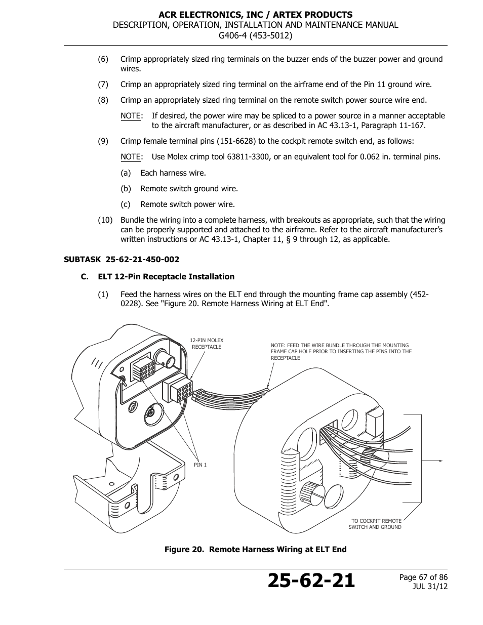 C. elt 12-pin receptacle installation, Figure 20. remote harness wiring at elt end | ACR&Artex G406-4 ELT User Manual | Page 67 / 86