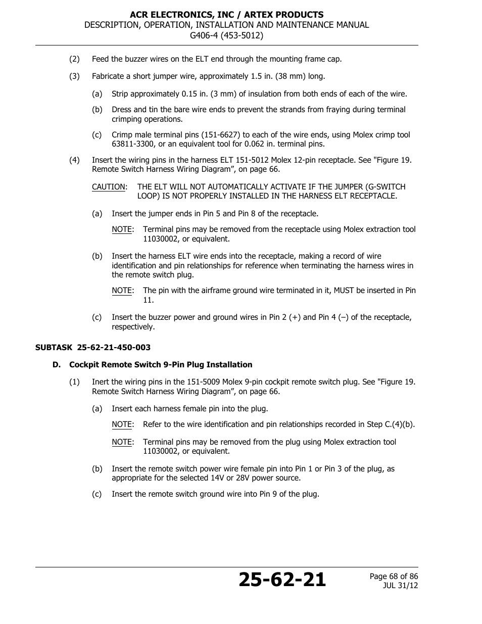 D. cockpit remote switch 9-pin plug installation | ACR&Artex G406-4 ELT User Manual | Page 68 / 86