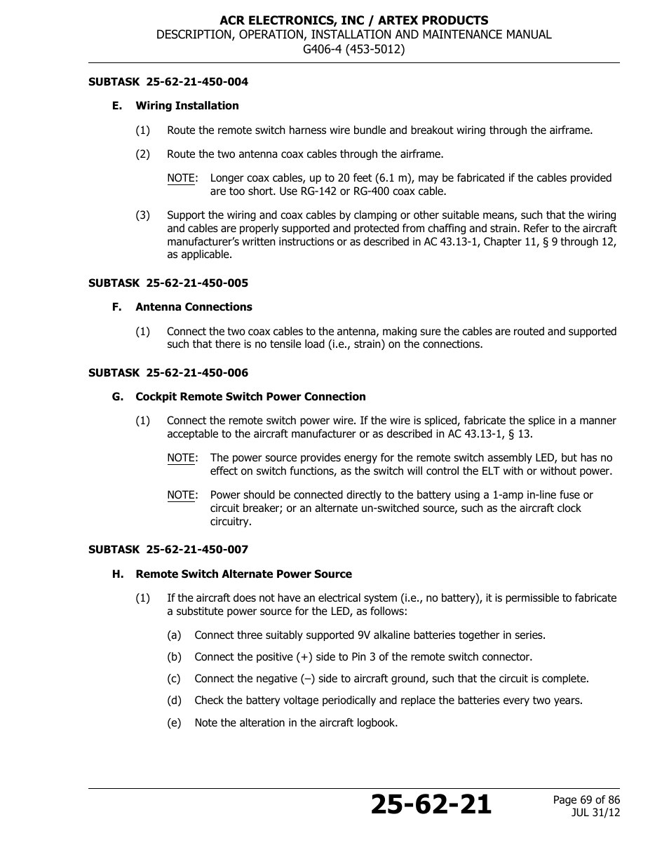 E. wiring installation, F. antenna connections, G. cockpit remote switch power connection | H. remote switch alternate power source | ACR&Artex G406-4 ELT User Manual | Page 69 / 86