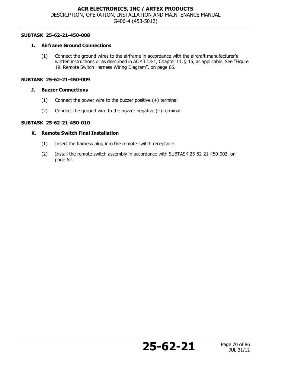 I. airframe ground connections, J. buzzer connections, K. remote switch final installation | ACR&Artex G406-4 ELT User Manual | Page 70 / 86