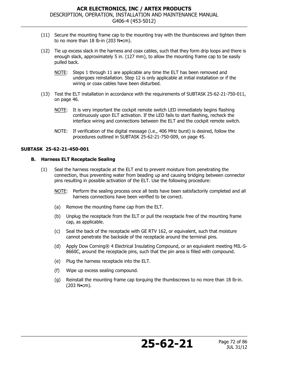 B. harness elt receptacle sealing | ACR&Artex G406-4 ELT User Manual | Page 72 / 86