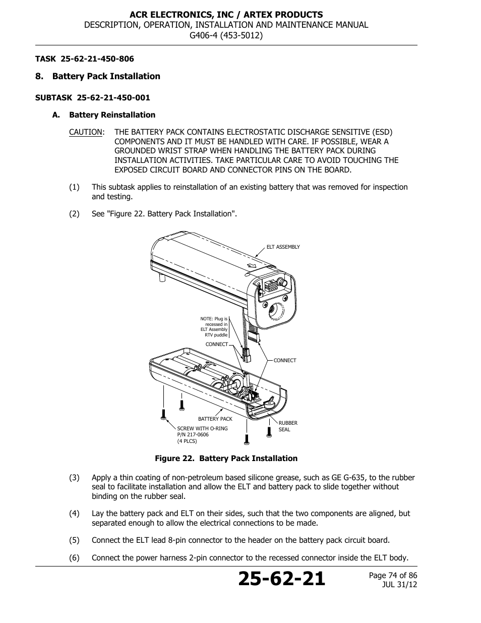 Battery pack installation, A. battery reinstallation, Figure 22. battery pack installation | ACR&Artex G406-4 ELT User Manual | Page 74 / 86