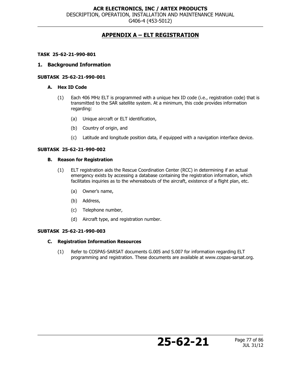 Appendix a – elt registration, Background information, A. hex id code | B. reason for registration, C. registration information resources | ACR&Artex G406-4 ELT User Manual | Page 77 / 86