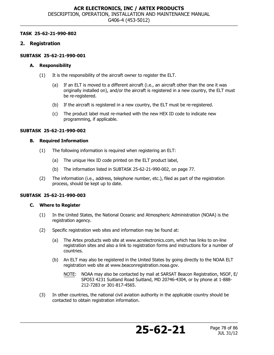 Registration, A. responsibility, B. required information | C. where to register | ACR&Artex G406-4 ELT User Manual | Page 78 / 86