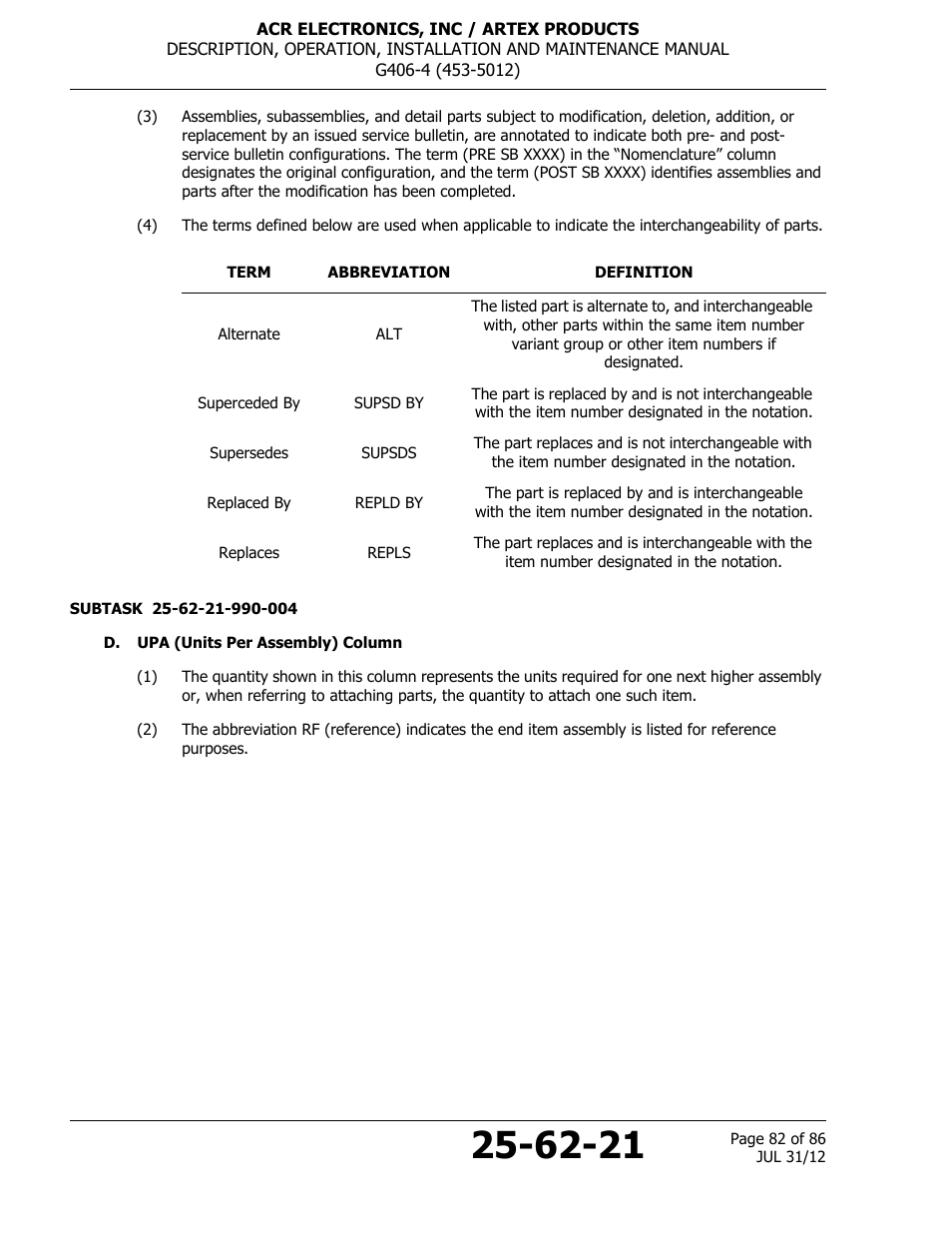 D. upa (units per assembly) column | ACR&Artex G406-4 ELT User Manual | Page 82 / 86