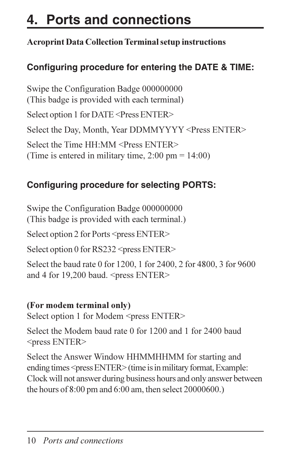 Ports and connections | Acroprint Data Collection Terminal (ADCT) User Manual | Page 10 / 28