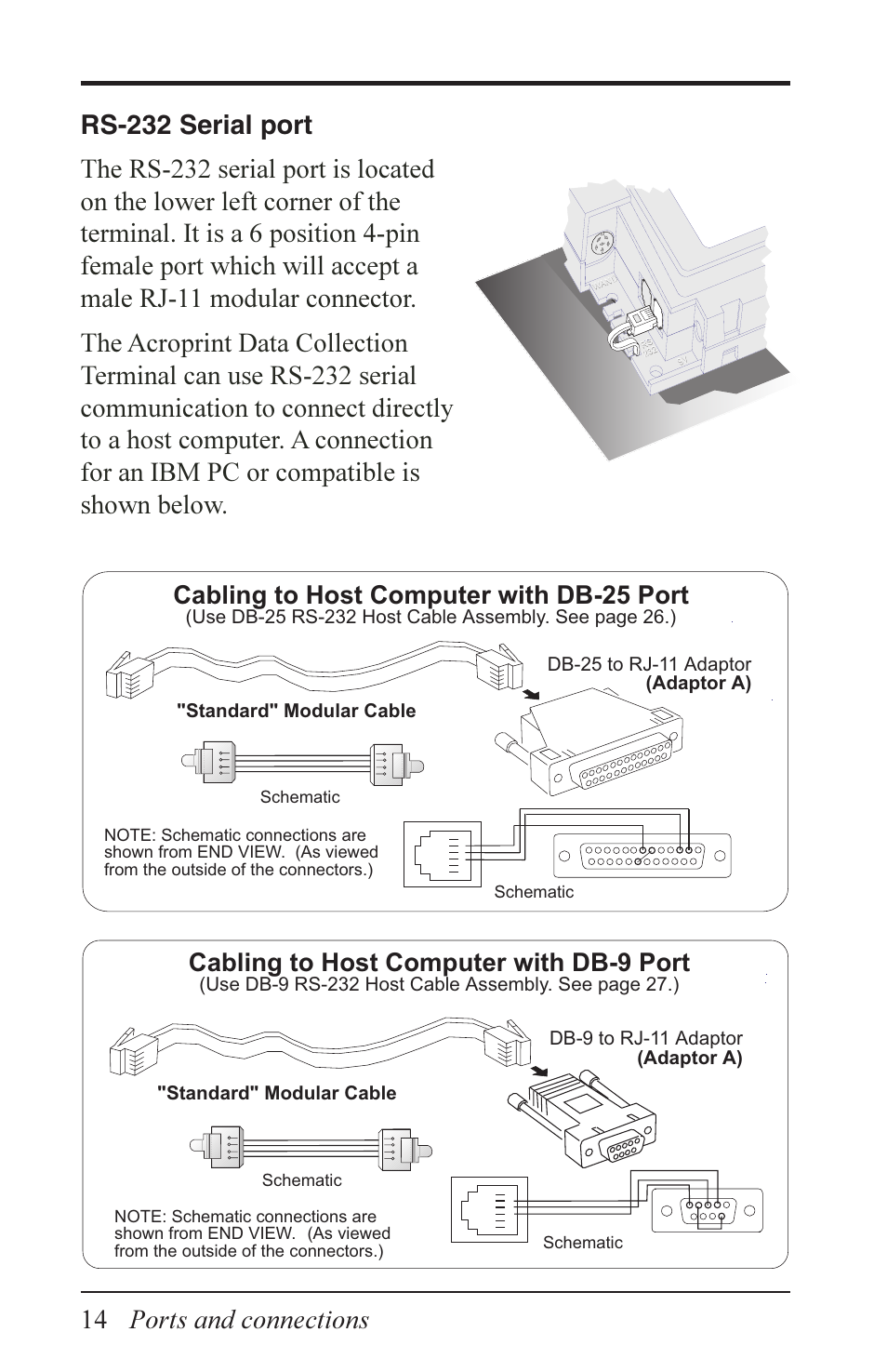 Ports and connections, Cabling to host computer with db-25 port, Cabling to host computer with db-9 port | Acroprint Data Collection Terminal (ADCT) User Manual | Page 14 / 28