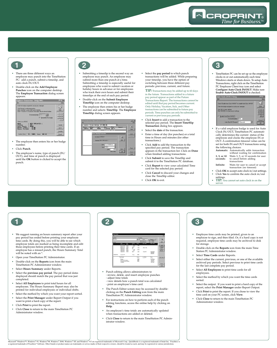 Timestation pc network quick start, Add punch submit an employee timeslip, Auto clock in/out | Run completed hours summary report, Print time cards | Acroprint TimeStation PC Network User Manual | Page 2 / 2