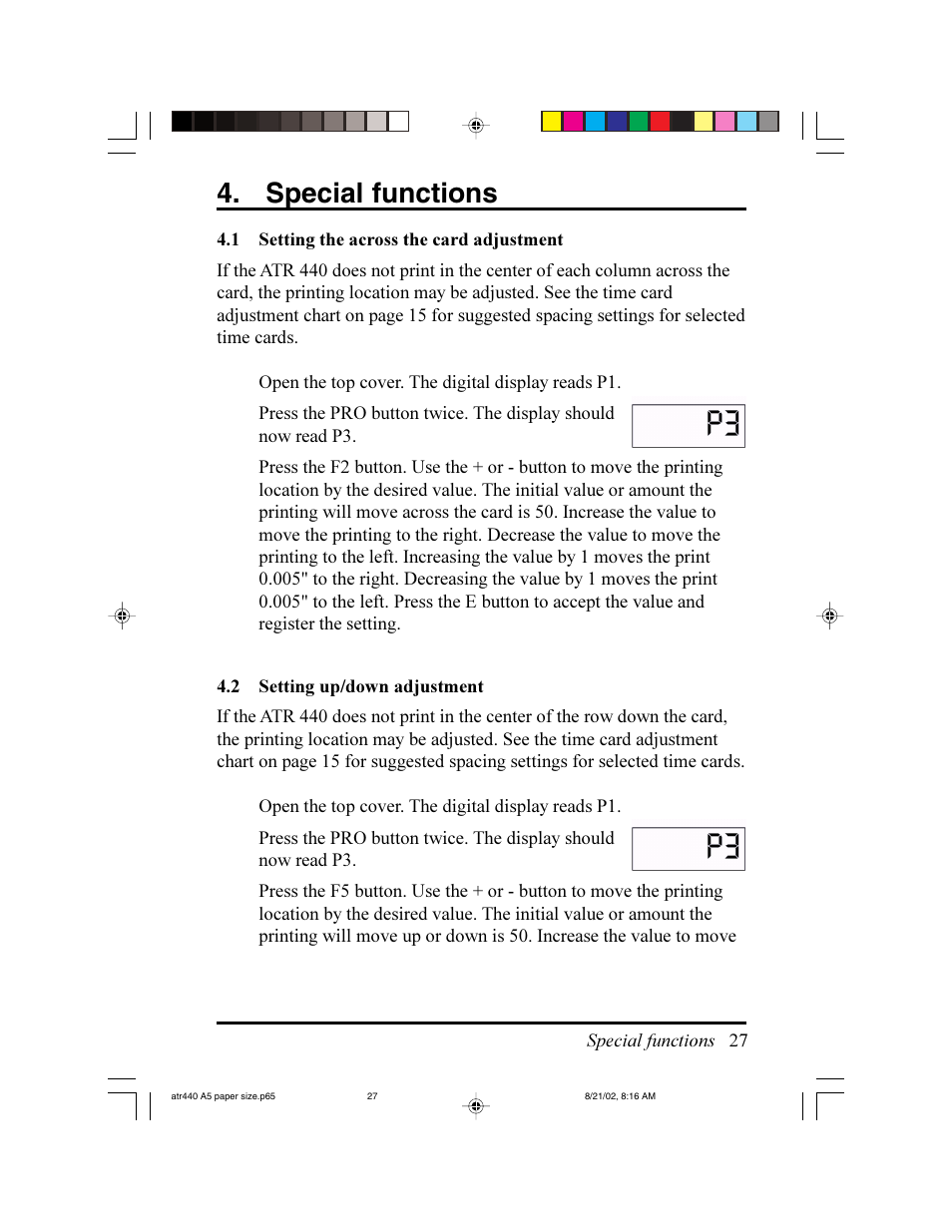 Special functions | Acroprint ATR440 Payroll Recorder User Manual | Page 27 / 36