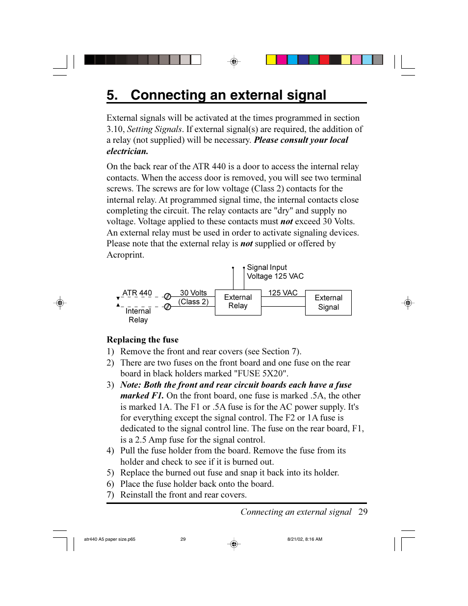 Connecting an external signal | Acroprint ATR440 Payroll Recorder User Manual | Page 29 / 36