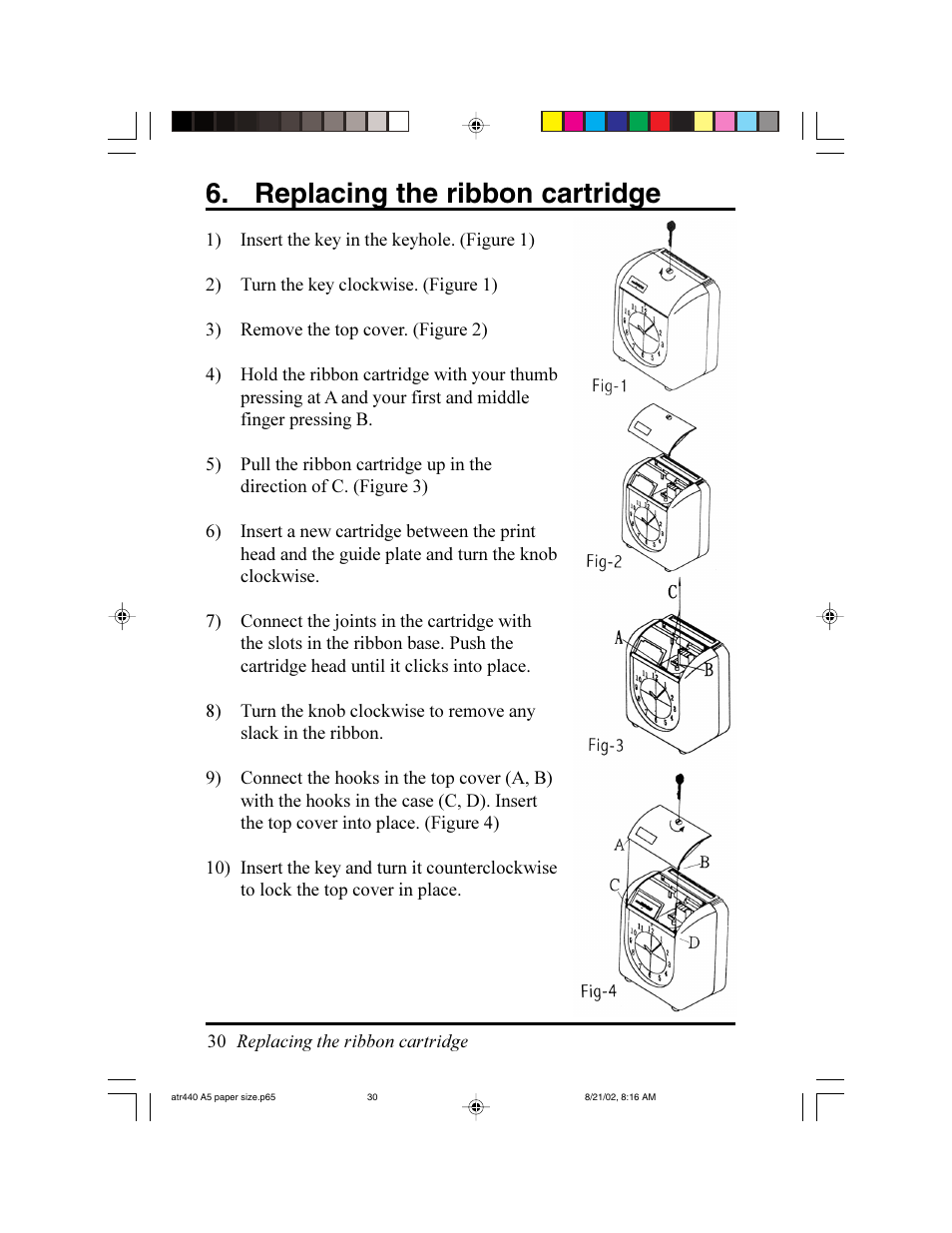 Replacing the ribbon cartridge | Acroprint ATR440 Payroll Recorder User Manual | Page 30 / 36