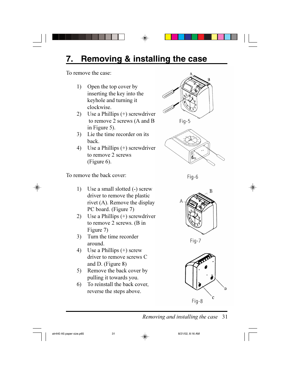Removing & installing the case | Acroprint ATR440 Payroll Recorder User Manual | Page 31 / 36