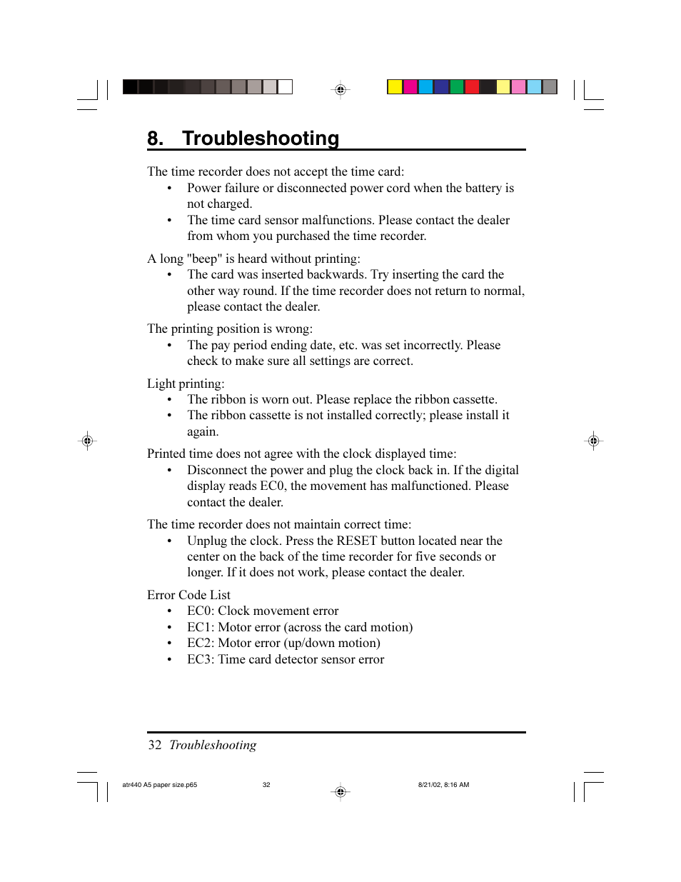 Troubleshooting | Acroprint ATR440 Payroll Recorder User Manual | Page 32 / 36