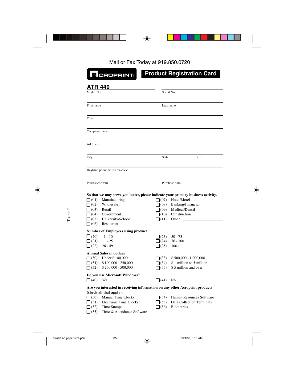 Product registration card, Atr 440 | Acroprint ATR440 Payroll Recorder User Manual | Page 35 / 36