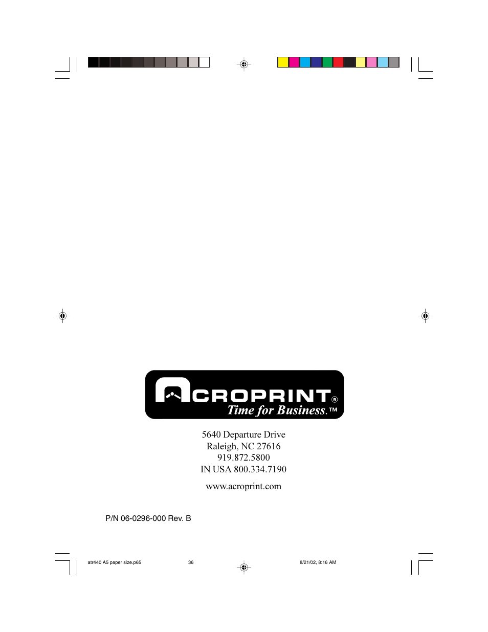 Acroprint ATR440 Payroll Recorder User Manual | Page 36 / 36