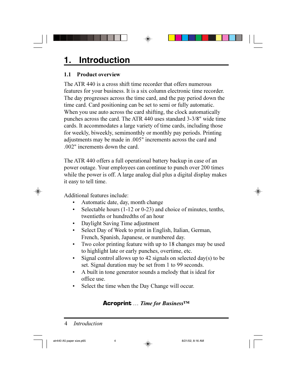 Introduction | Acroprint ATR440 Payroll Recorder User Manual | Page 4 / 36