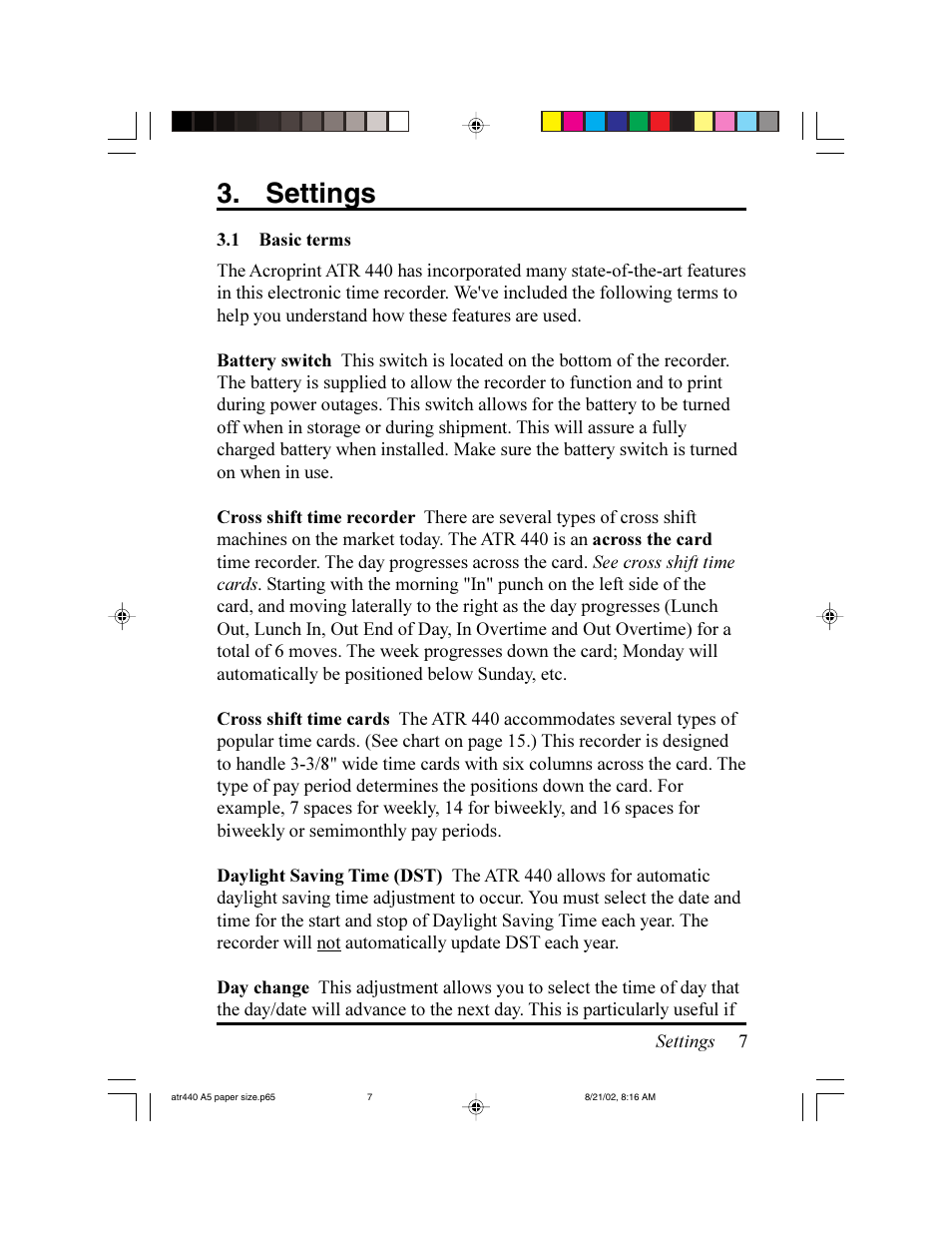 Settings | Acroprint ATR440 Payroll Recorder User Manual | Page 7 / 36