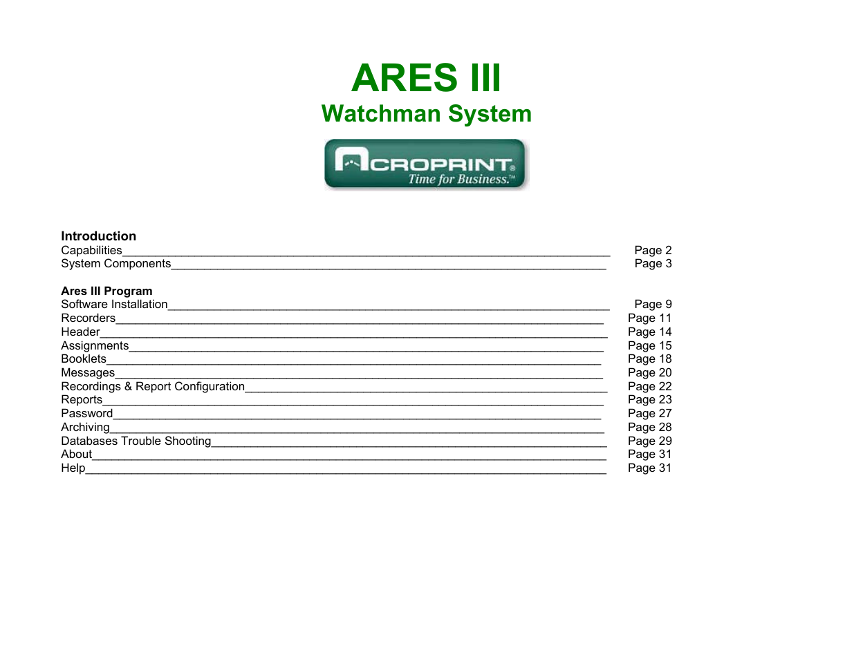 Acroprint ARES III User Manual | 31 pages