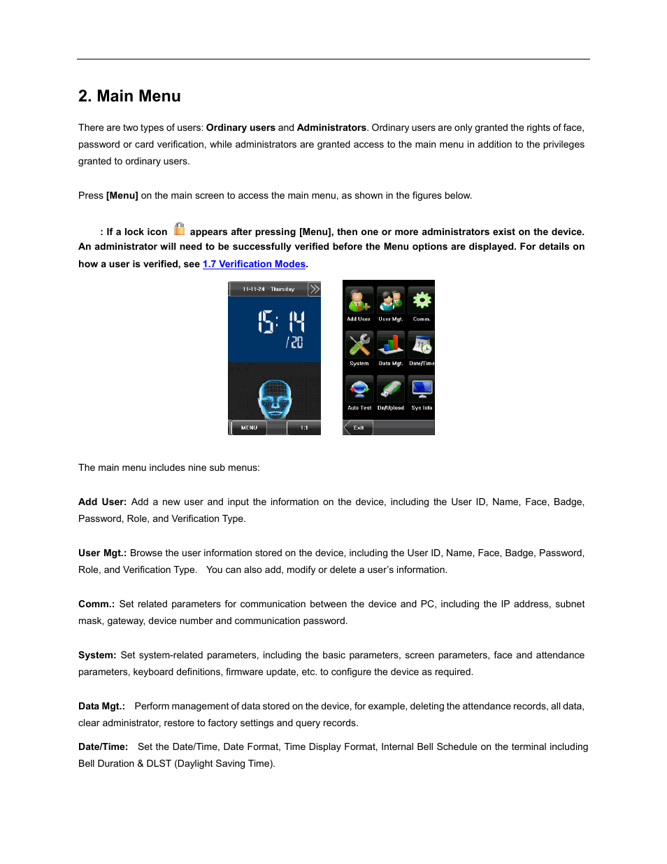 Main menu | Acroprint TQ600F (software version 4.x and above) User Manual | Page 15 / 45