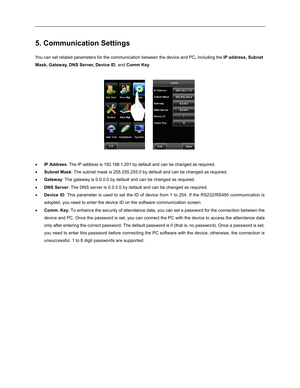 Communication settings | Acroprint TQ600F (software version 4.x and above) User Manual | Page 24 / 45