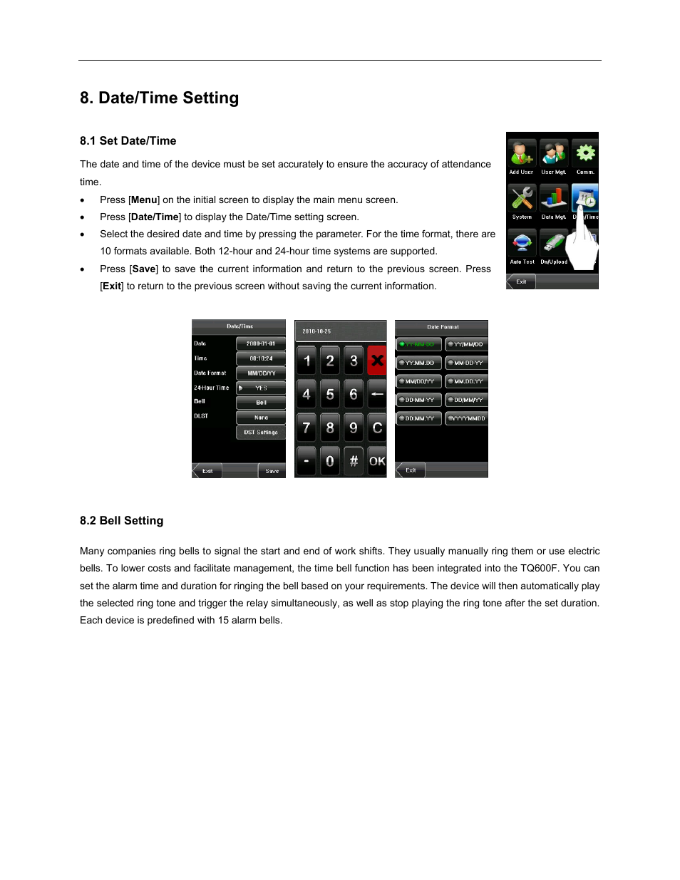 Date/time setting | Acroprint TQ600F (software version 4.x and above) User Manual | Page 36 / 45