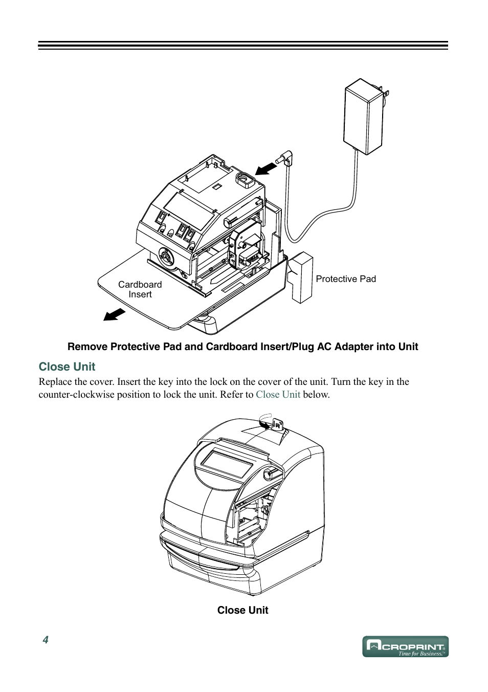 Close unit, Remove, Remove protective | Acroprint ES900 Electronic Time Recorder User Manual | Page 10 / 80