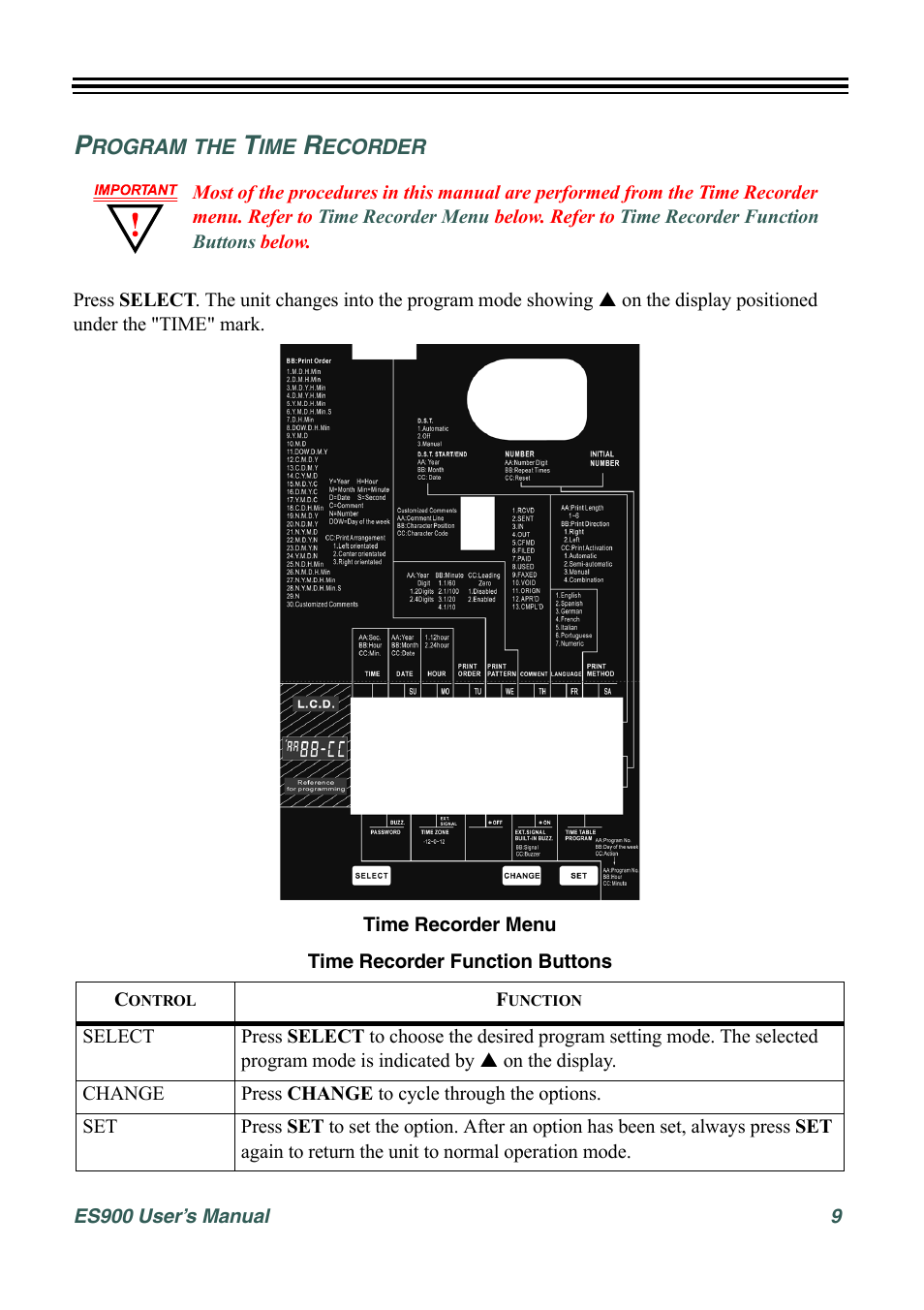 Program the time recorder | Acroprint ES900 Electronic Time Recorder User Manual | Page 15 / 80