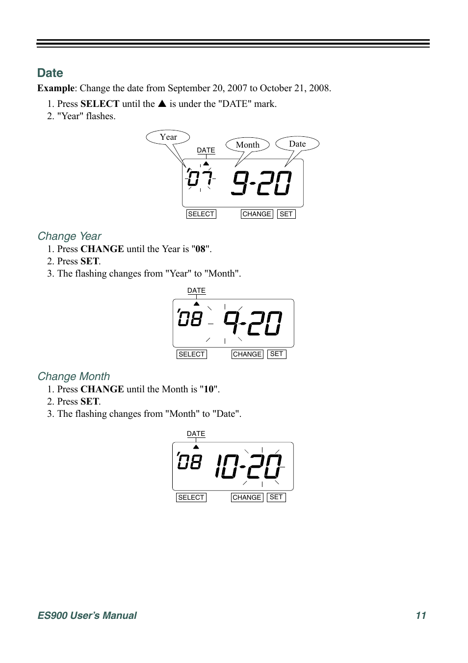 Date, Change year, Change month | Acroprint ES900 Electronic Time Recorder User Manual | Page 17 / 80