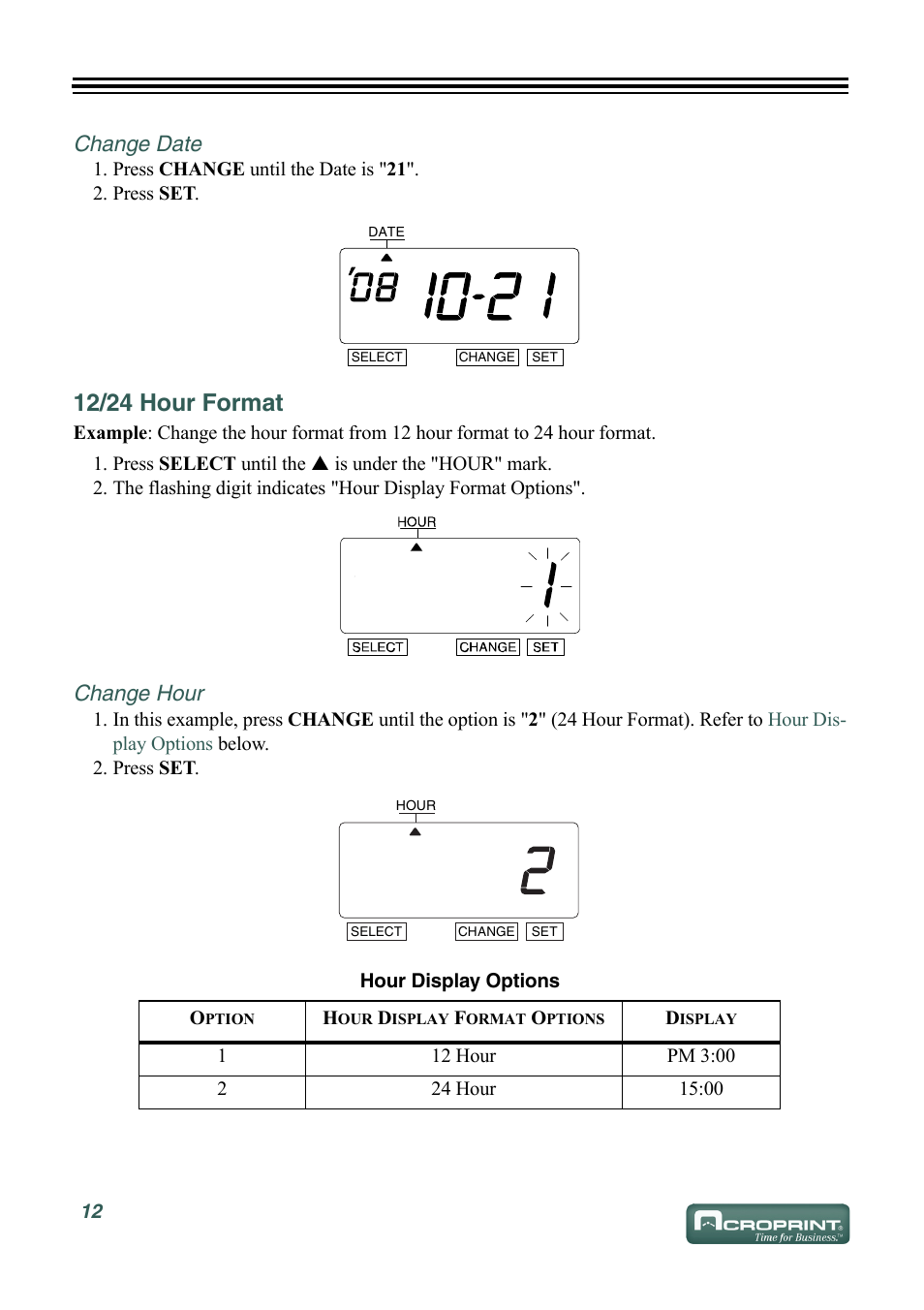 Change date, 12/24 hour format, Change hour | Acroprint ES900 Electronic Time Recorder User Manual | Page 18 / 80