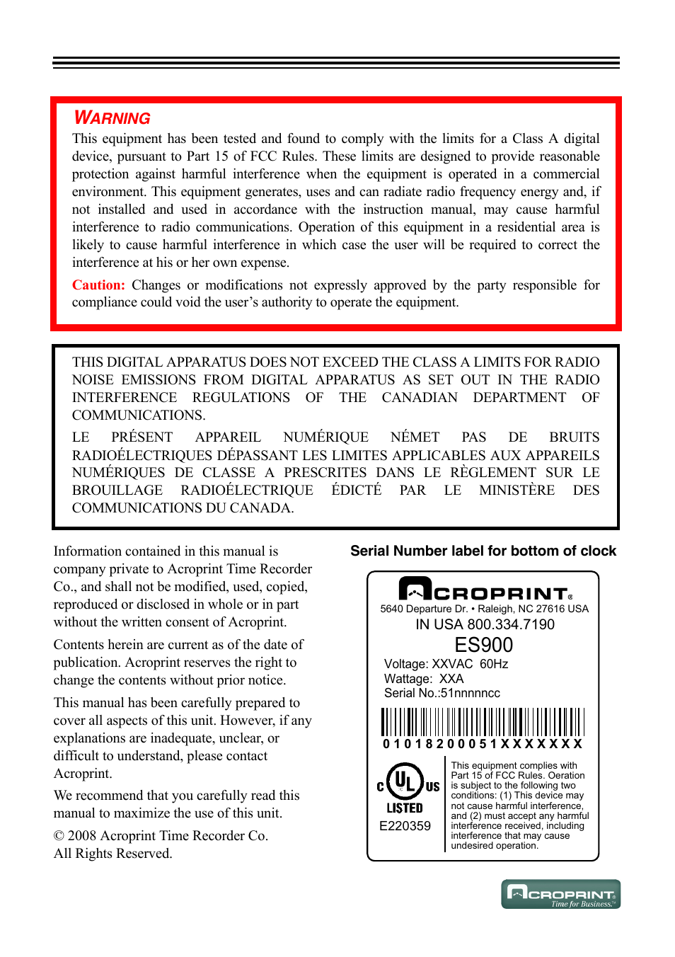 Es900 | Acroprint ES900 Electronic Time Recorder User Manual | Page 2 / 80