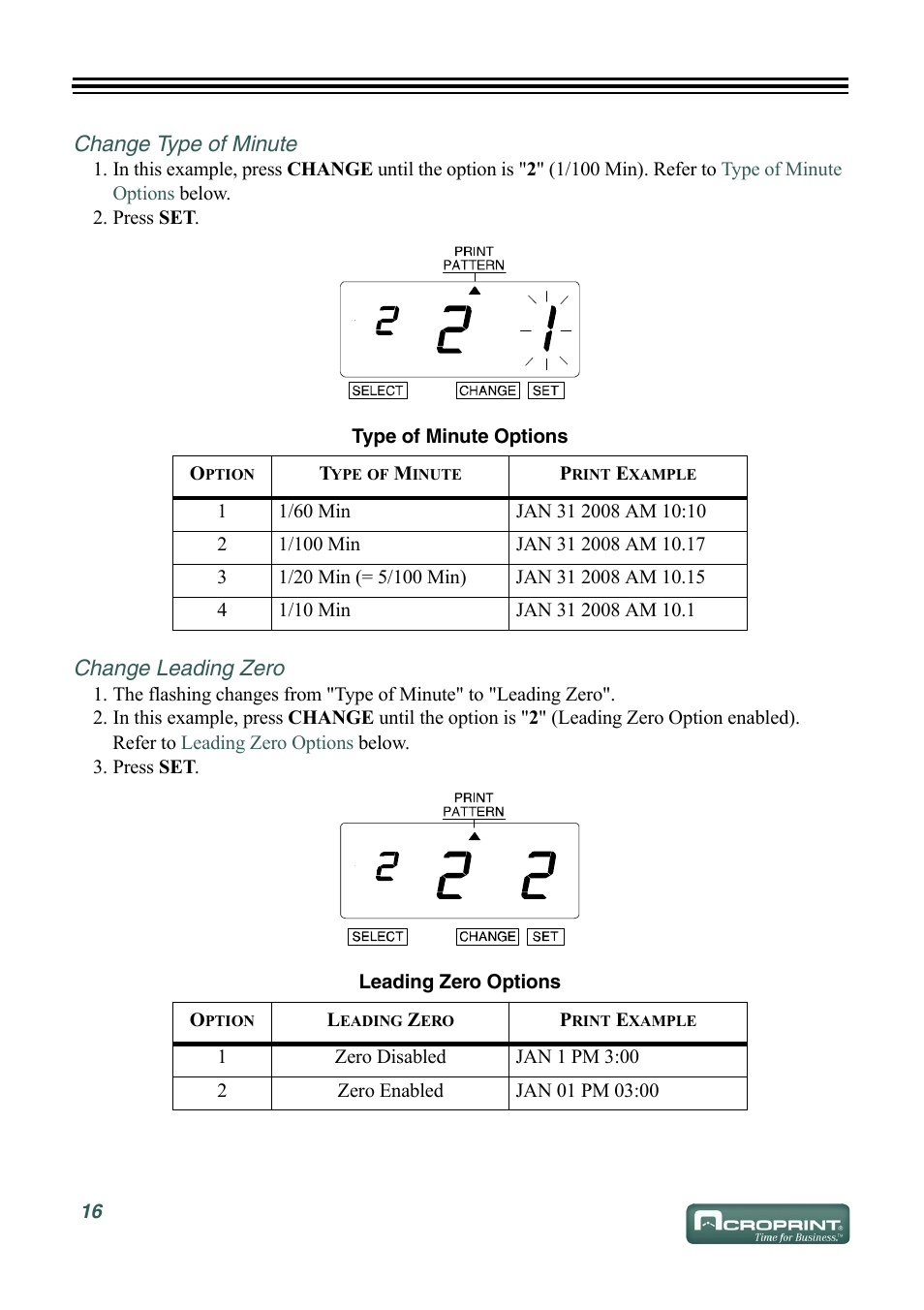 Change type of minute, Change leading zero | Acroprint ES900 Electronic Time Recorder User Manual | Page 22 / 80