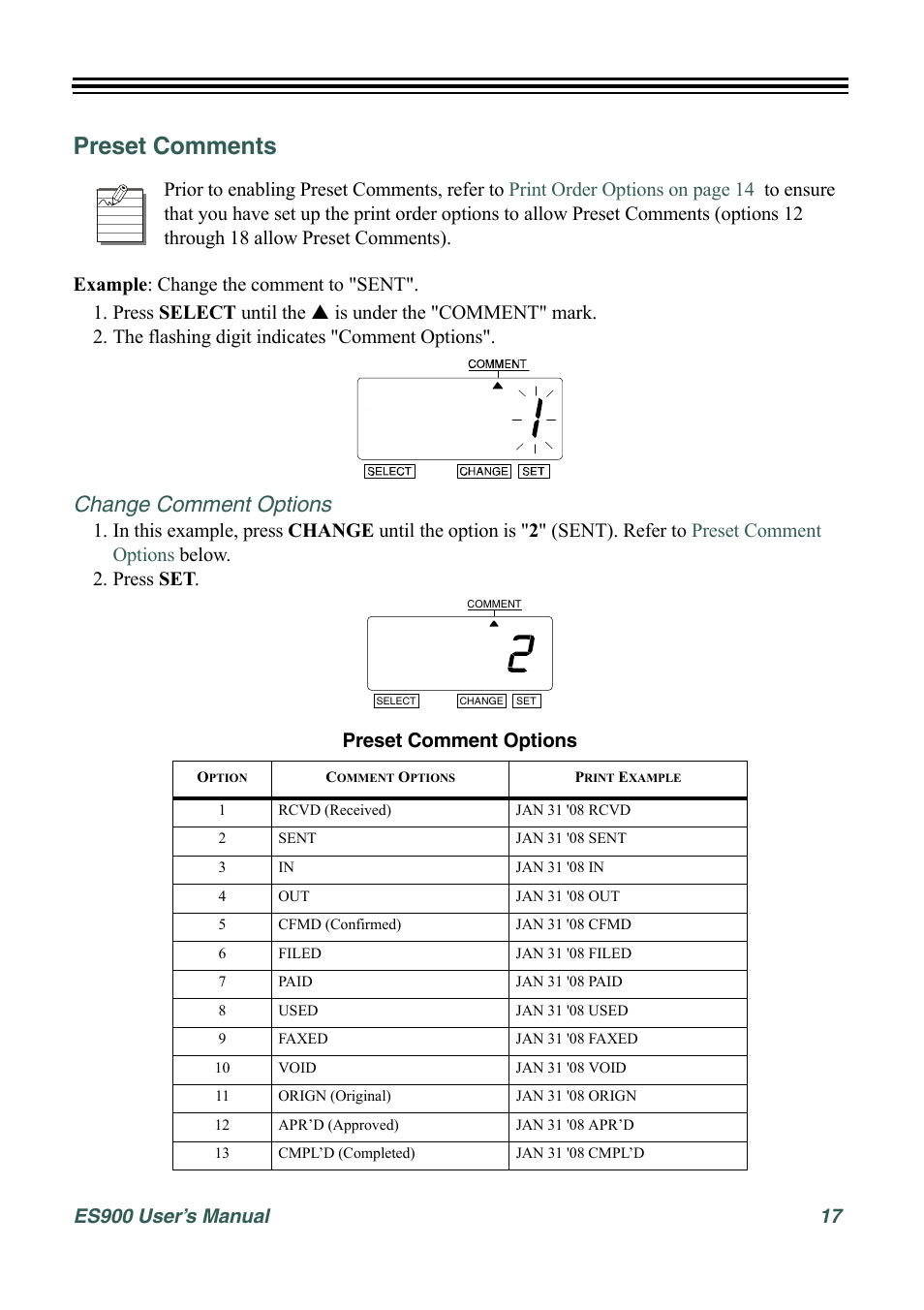 Preset comments, Change comment options | Acroprint ES900 Electronic Time Recorder User Manual | Page 23 / 80