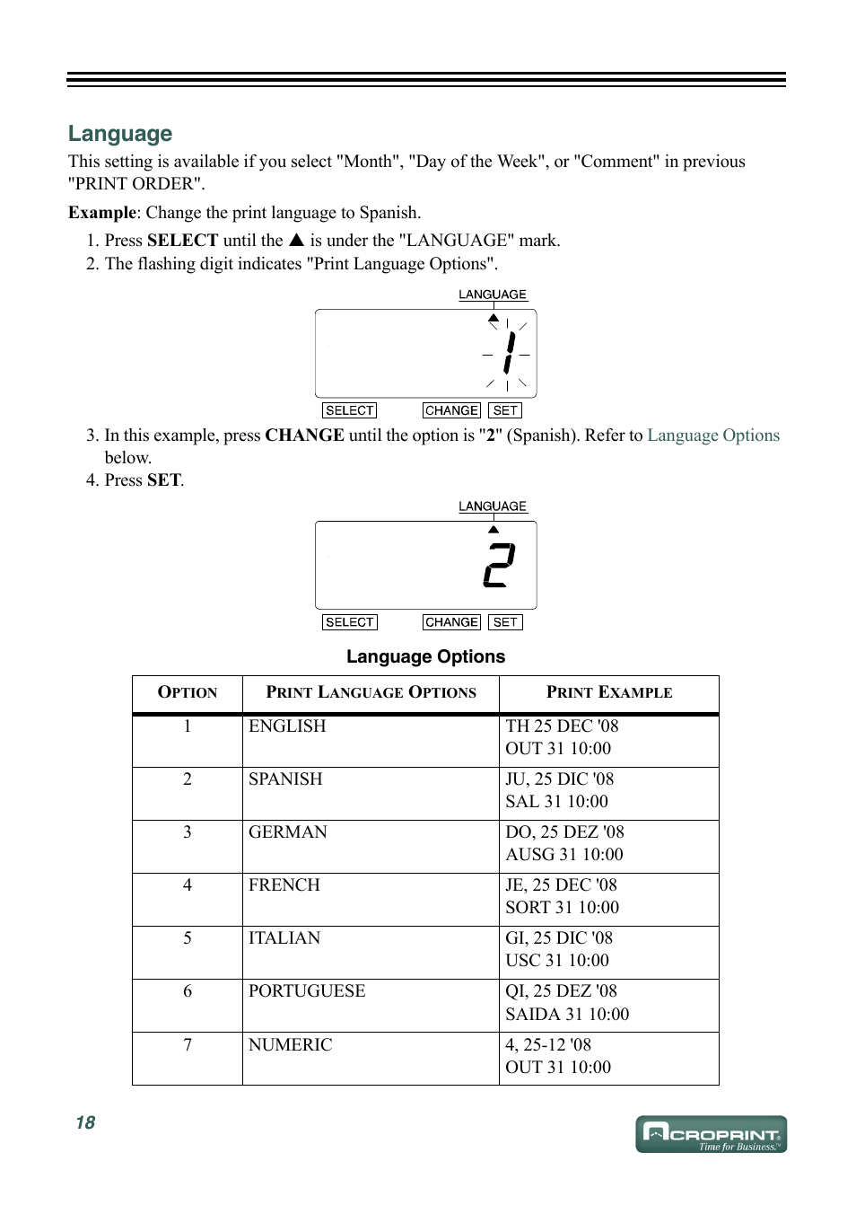 Language | Acroprint ES900 Electronic Time Recorder User Manual | Page 24 / 80