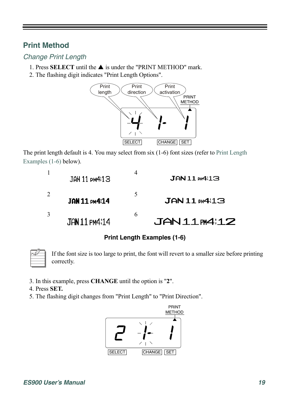 Print method, Change print length | Acroprint ES900 Electronic Time Recorder User Manual | Page 25 / 80