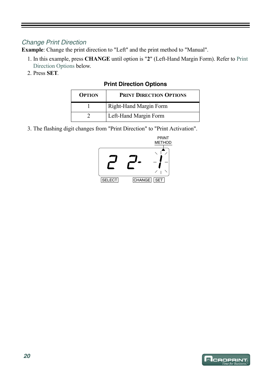 Change print direction | Acroprint ES900 Electronic Time Recorder User Manual | Page 26 / 80