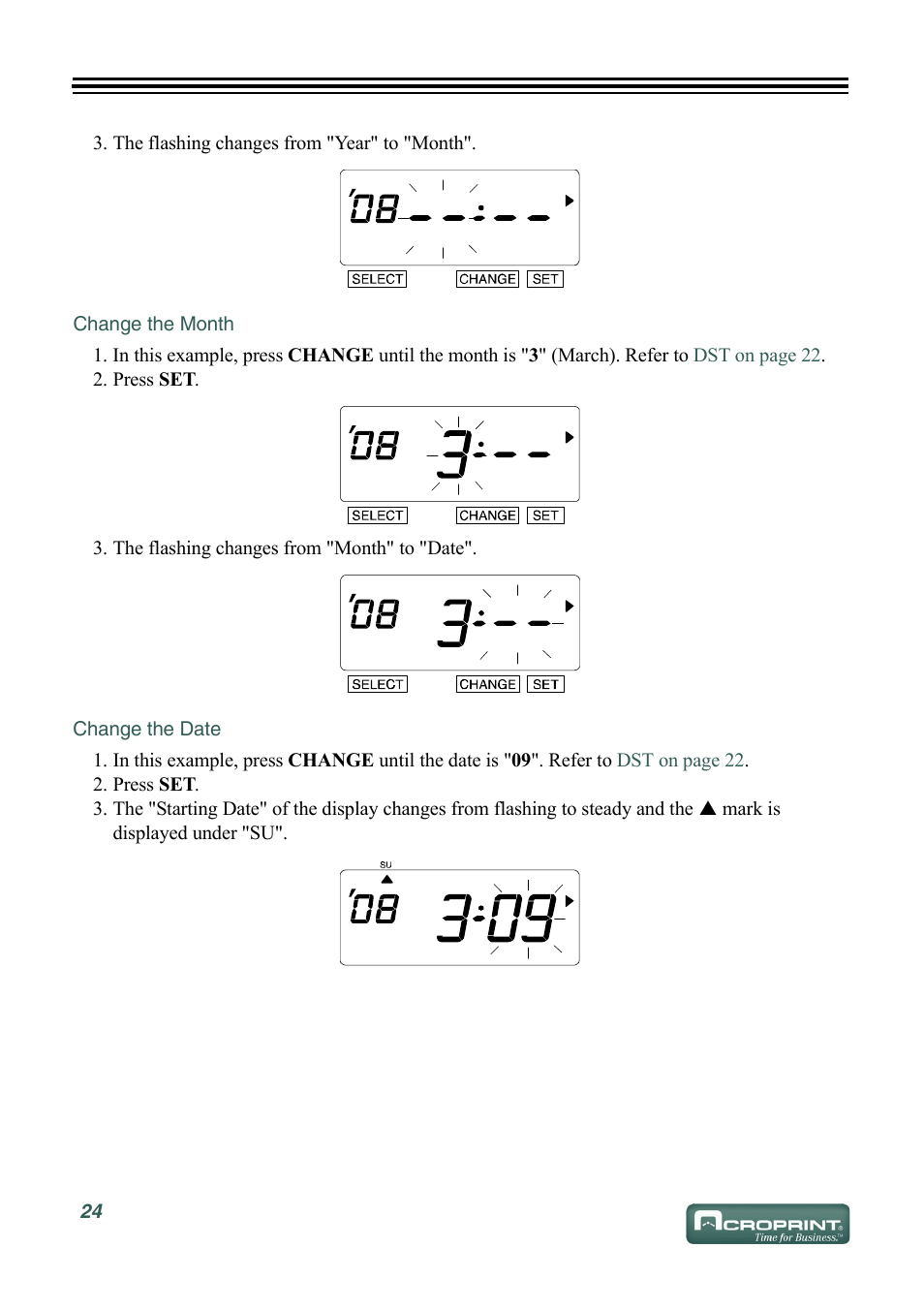 Change the month, Change the date | Acroprint ES900 Electronic Time Recorder User Manual | Page 30 / 80