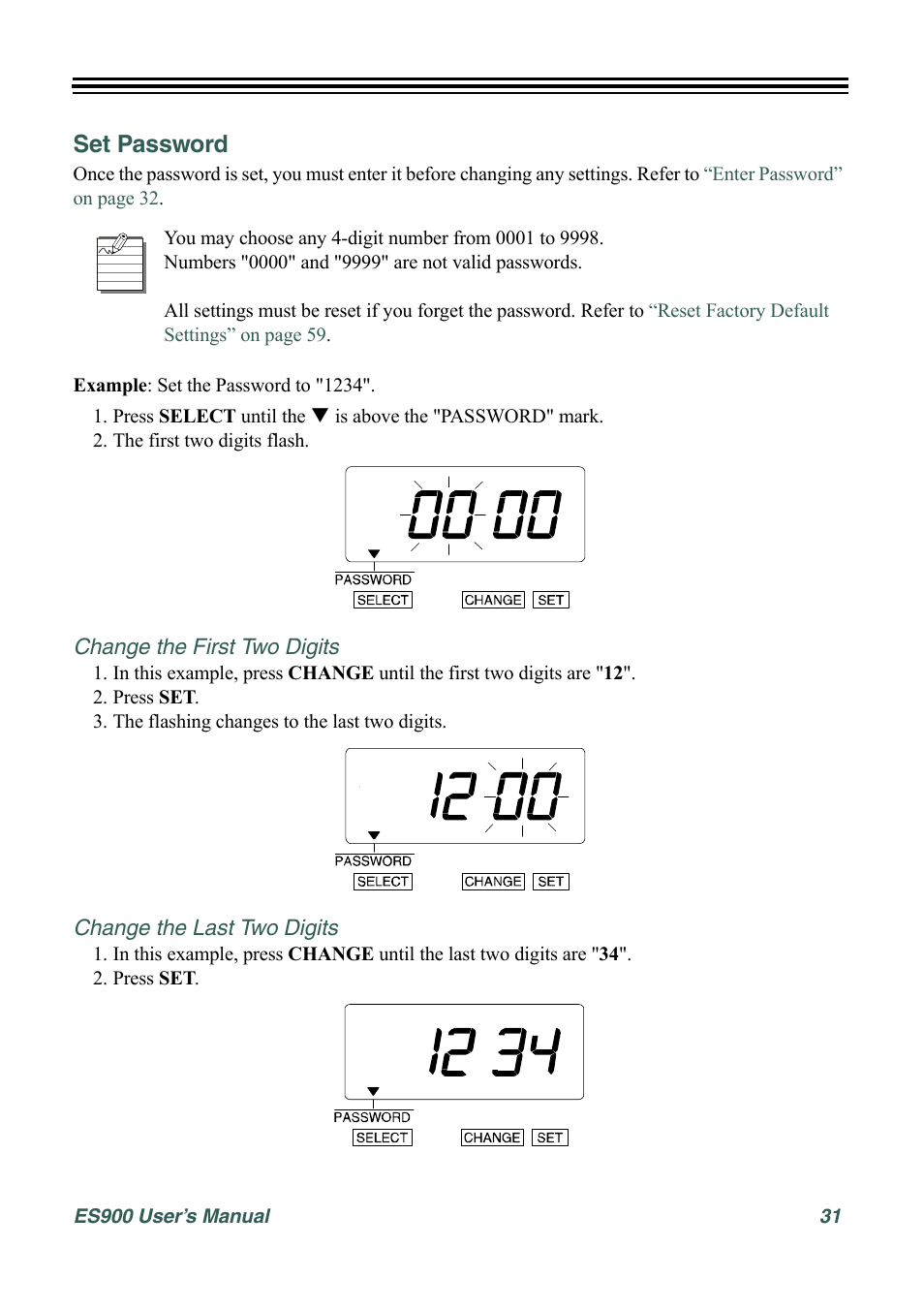 Set password, Change the first two digits, Change the last two digits | Acroprint ES900 Electronic Time Recorder User Manual | Page 37 / 80