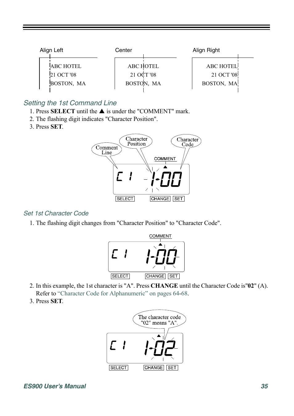 Setting the 1st command line, Set 1st character code | Acroprint ES900 Electronic Time Recorder User Manual | Page 41 / 80