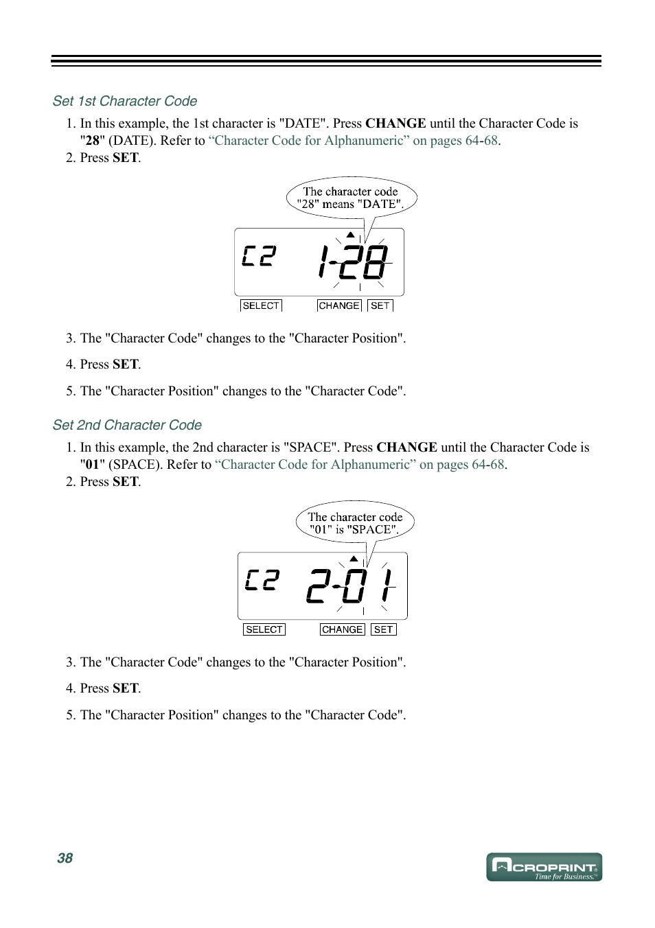 Set 1st character code, Set 2nd character code | Acroprint ES900 Electronic Time Recorder User Manual | Page 44 / 80