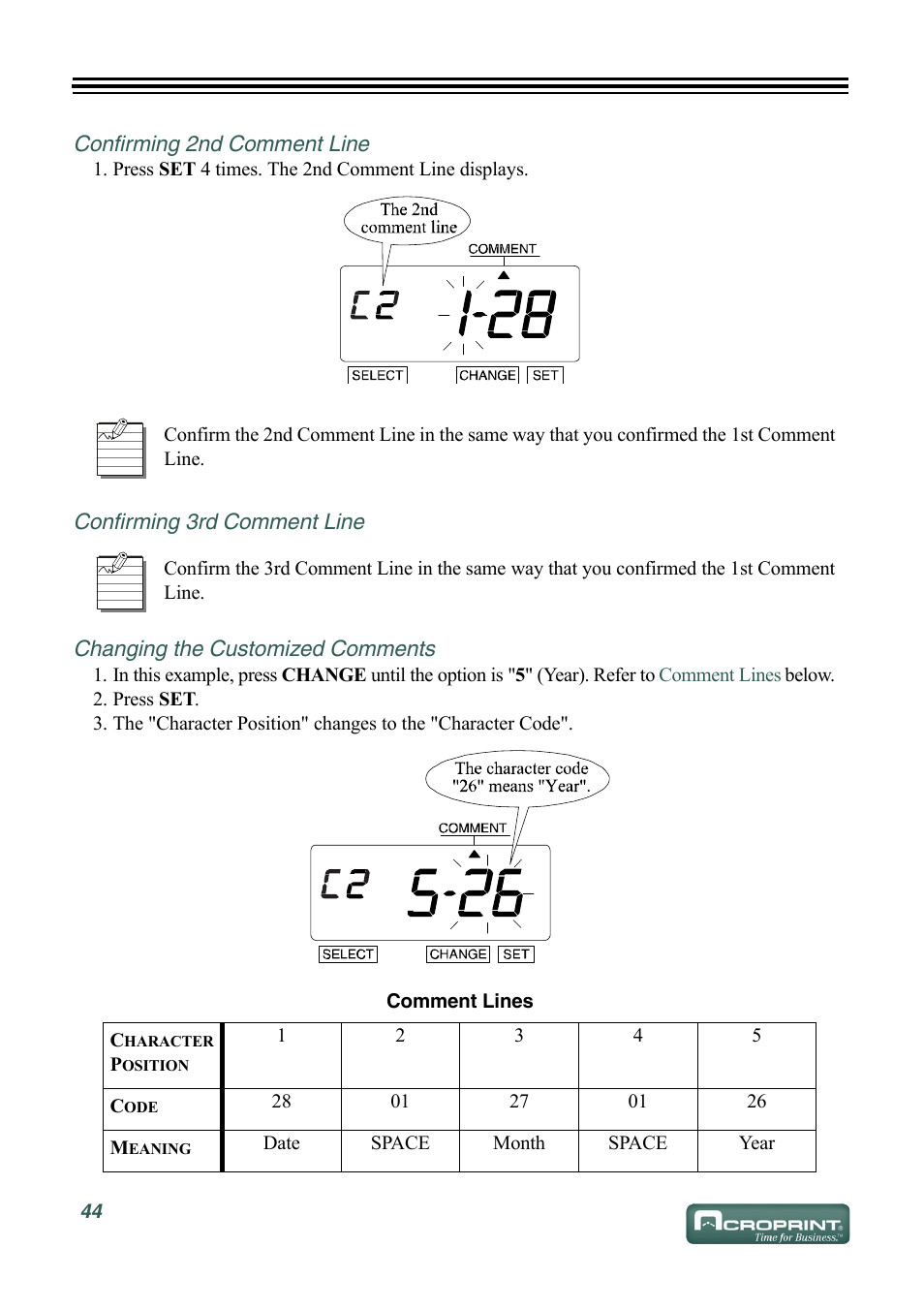 Confirming 2nd comment line, Confirming 3rd comment line, Changing the customized comments | Acroprint ES900 Electronic Time Recorder User Manual | Page 50 / 80