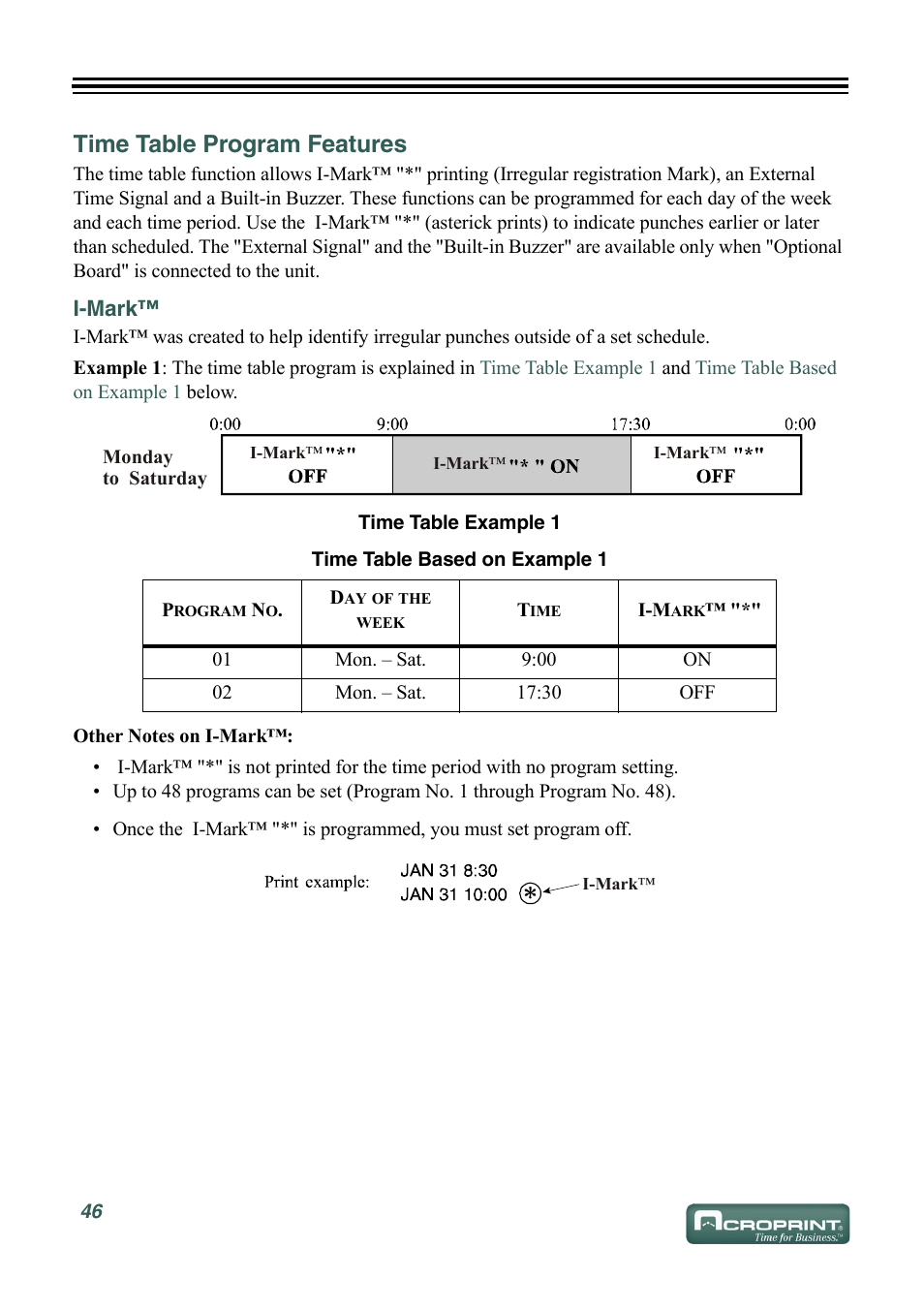 Time table program features, I-mark | Acroprint ES900 Electronic Time Recorder User Manual | Page 52 / 80